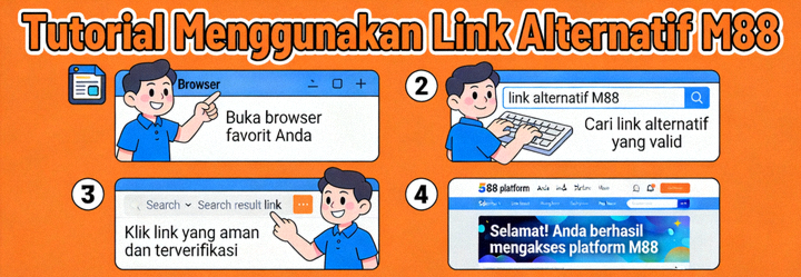 Animasi tutorial cara menggunakan link alternatif M88 untuk akses ke platform