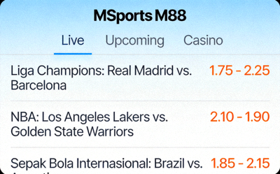 Tampilan antarmuka MSports M88 dengan daftar pertandingan olahraga dan odds
