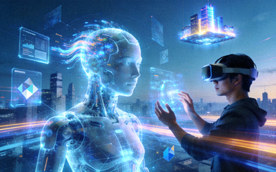 Ilustrasi futuristik tentang teknologi masa depan seperti AI dan realitas virtual