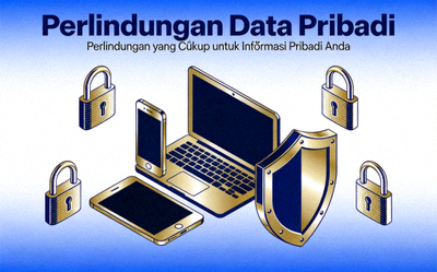 Ilustrasi grafis tentang proteksi data pribadi dengan ikon gembok dan perisai di sekitar perangkat