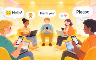 Ilustrasi orang berkomunikasi secara online dengan simbol percakapan yang positif dan sopan