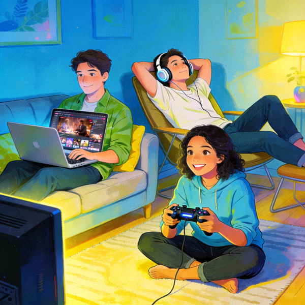 Ilustrasi orang menikmati berbagai bentuk hiburan digital seperti streaming, musik, dan game dengan seimbang