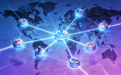 Ilustrasi peta jaringan global yang saling terhubung dengan garis-garis cahaya