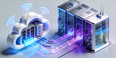 Ilustrasi grafis server cloud computing dan pusat data modern dengan koneksi jaringan