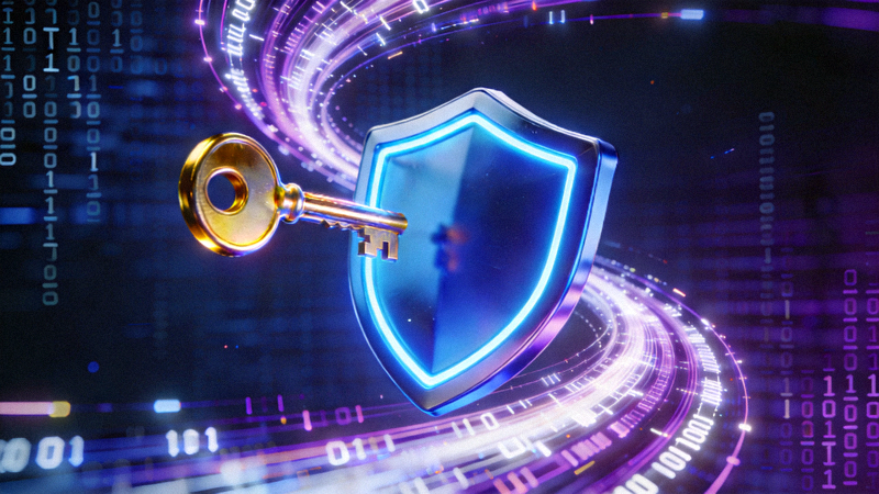 Ilustrasi konsep keamanan siber dengan ikon perisai, kunci, dan perlindungan data digital