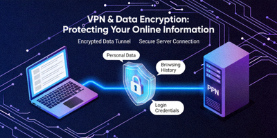Ilustrasi konsep VPN dan enkripsi data yang melindungi informasi pengguna di internet