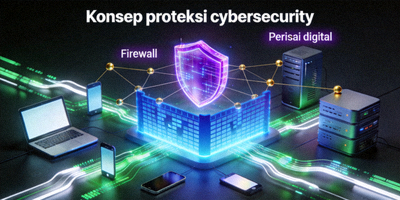 Konsep proteksi cybersecurity dengan firewall dan perisai digital melindungi perangkat
