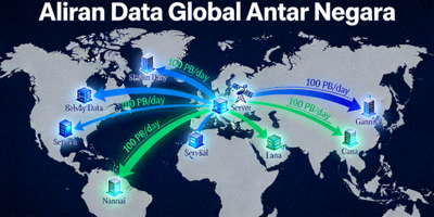 Visualisasi aliran data global antar negara yang menunjukkan lalu lintas informasi digital