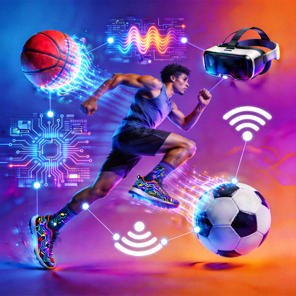 Ilustrasi grafis yang menggabungkan elemen olahraga dengan simbol teknologi dan koneksi