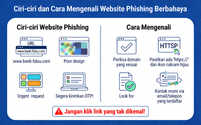 Infografis tentang ciri-ciri dan cara mengenali website phishing yang berbahaya